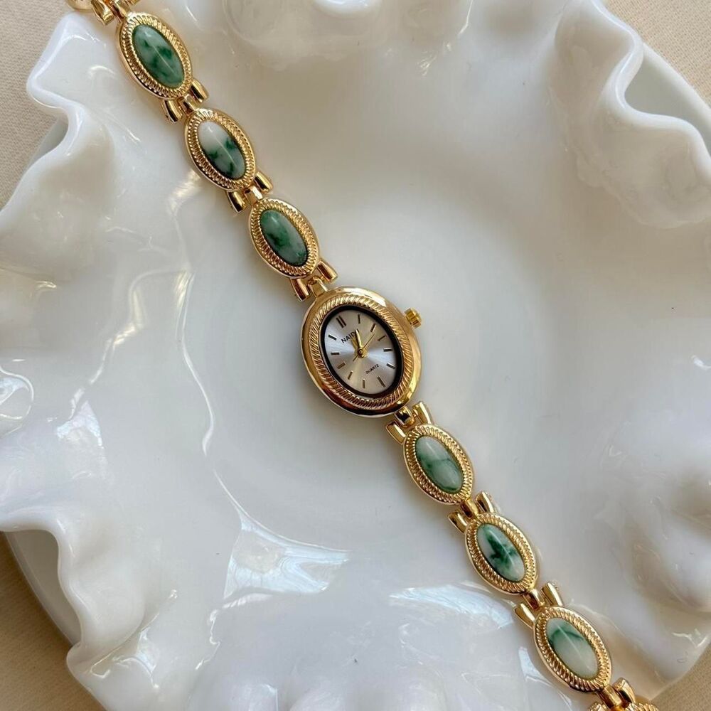 y2k cute gold round stainless steel quartz green stone charm watch
